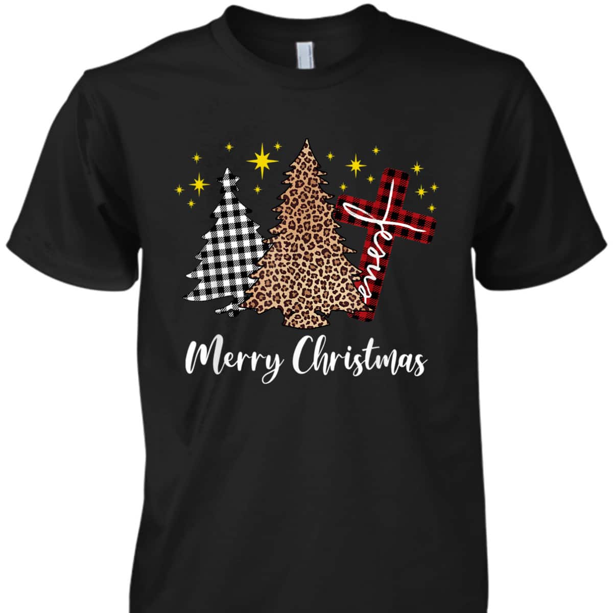 Plaid Xmas Tree Christian Cross Jesus Merry Christmas T-Shirt
