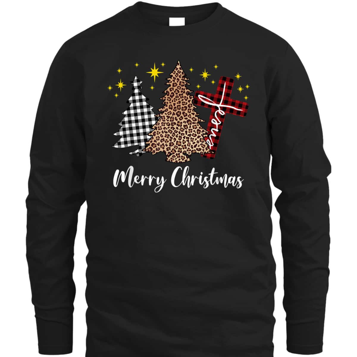 Plaid Xmas Tree Christian Cross Jesus Merry Christmas T-Shirt