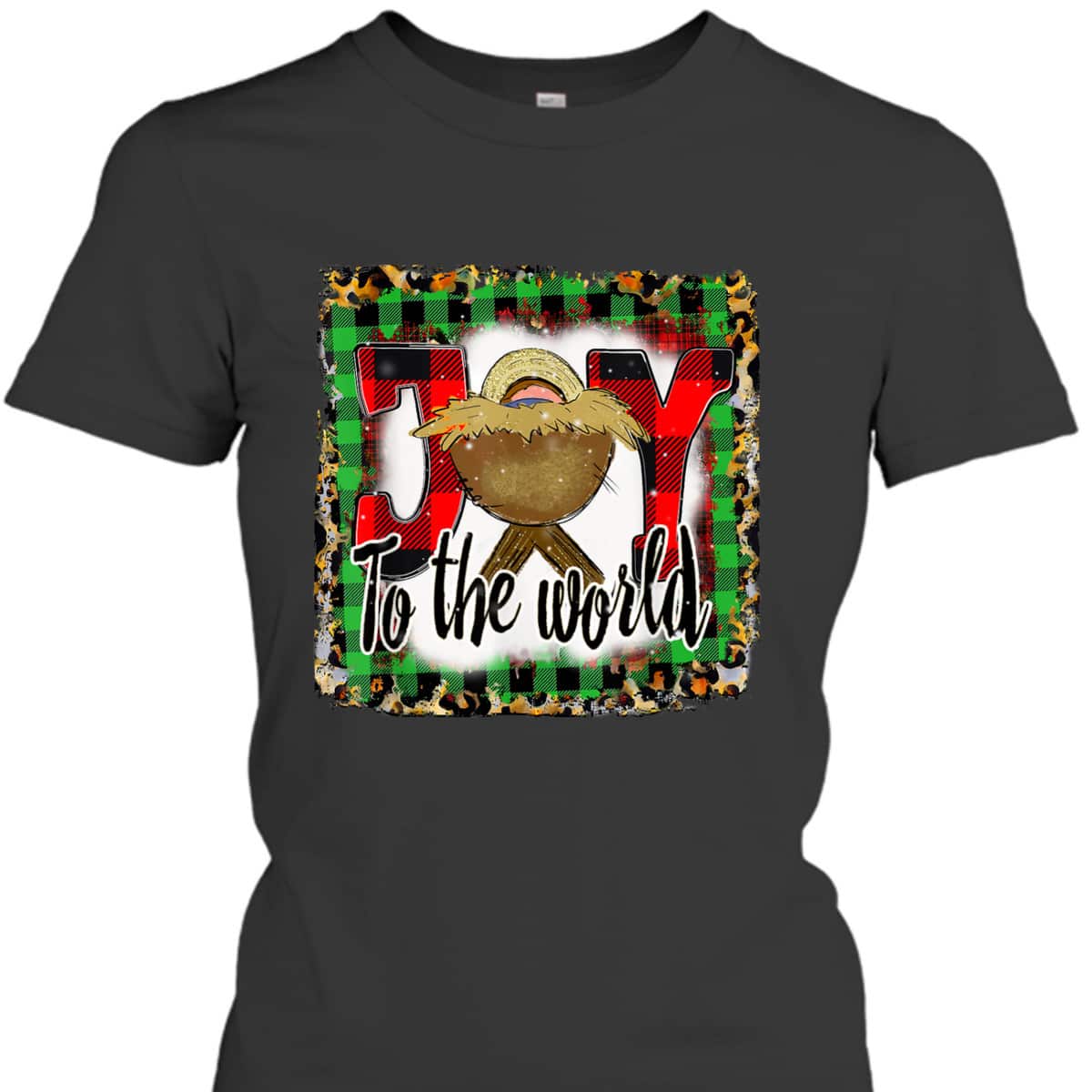 Joy To The World Baby Jesus Buffalo Plaid Leopard Christmas T-Shirt