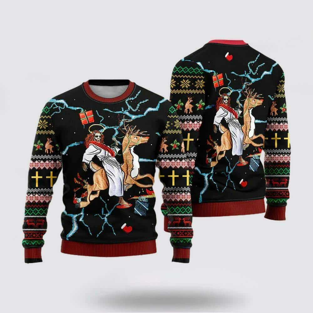 Christian Jesus Riding Reindeer Black Ugly Christmas Ugly Christmas Sweater Christian Jesus Riding Reindeer Black Ugly Christmas Ugly Christmas Sweater