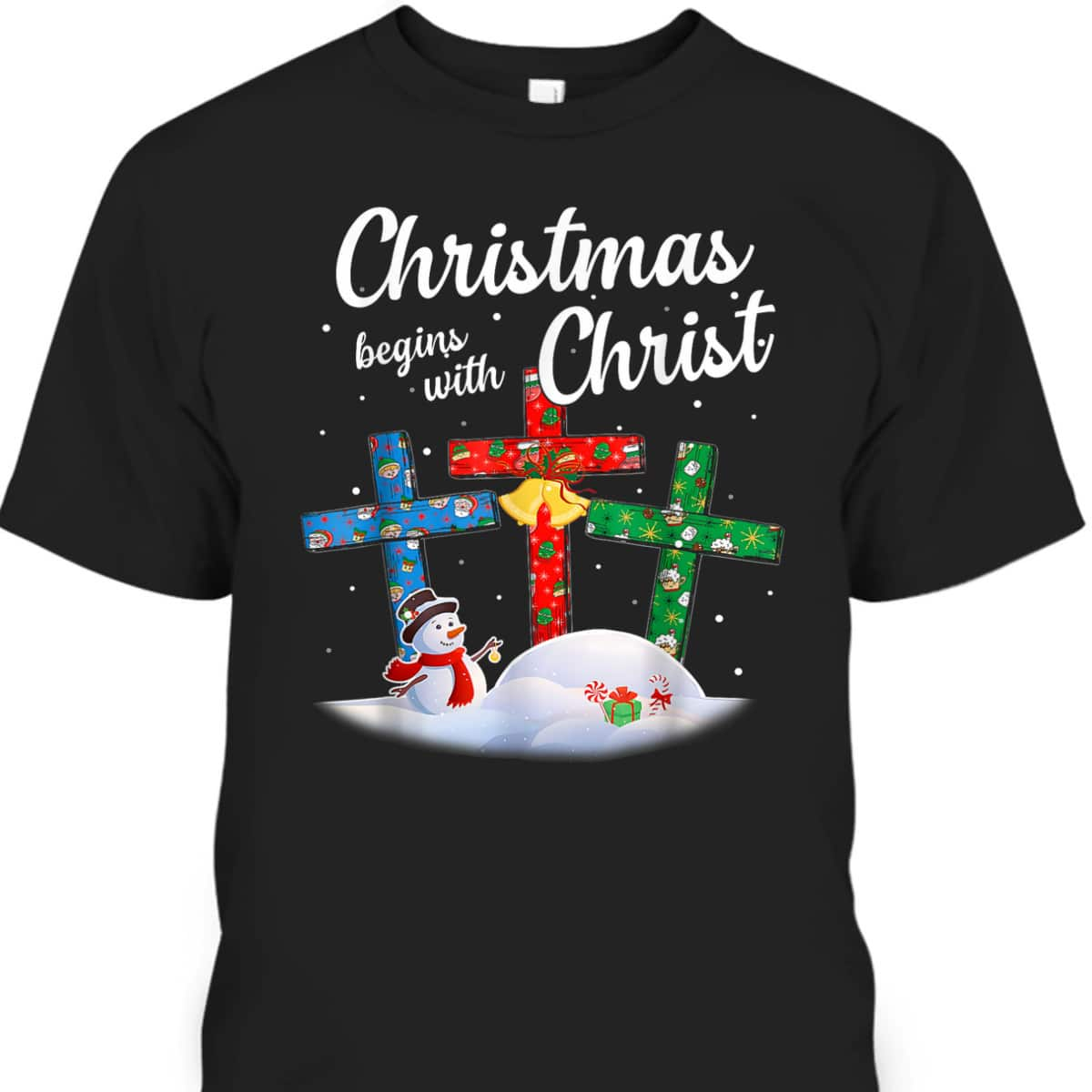 Christmas Begins With Christ Snowman Christian Cross Religious Xmas T-Shirt