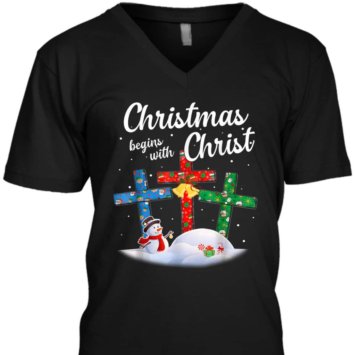 Christmas Begins With Christ Snowman Christian Cross Religious Xmas T-Shirt