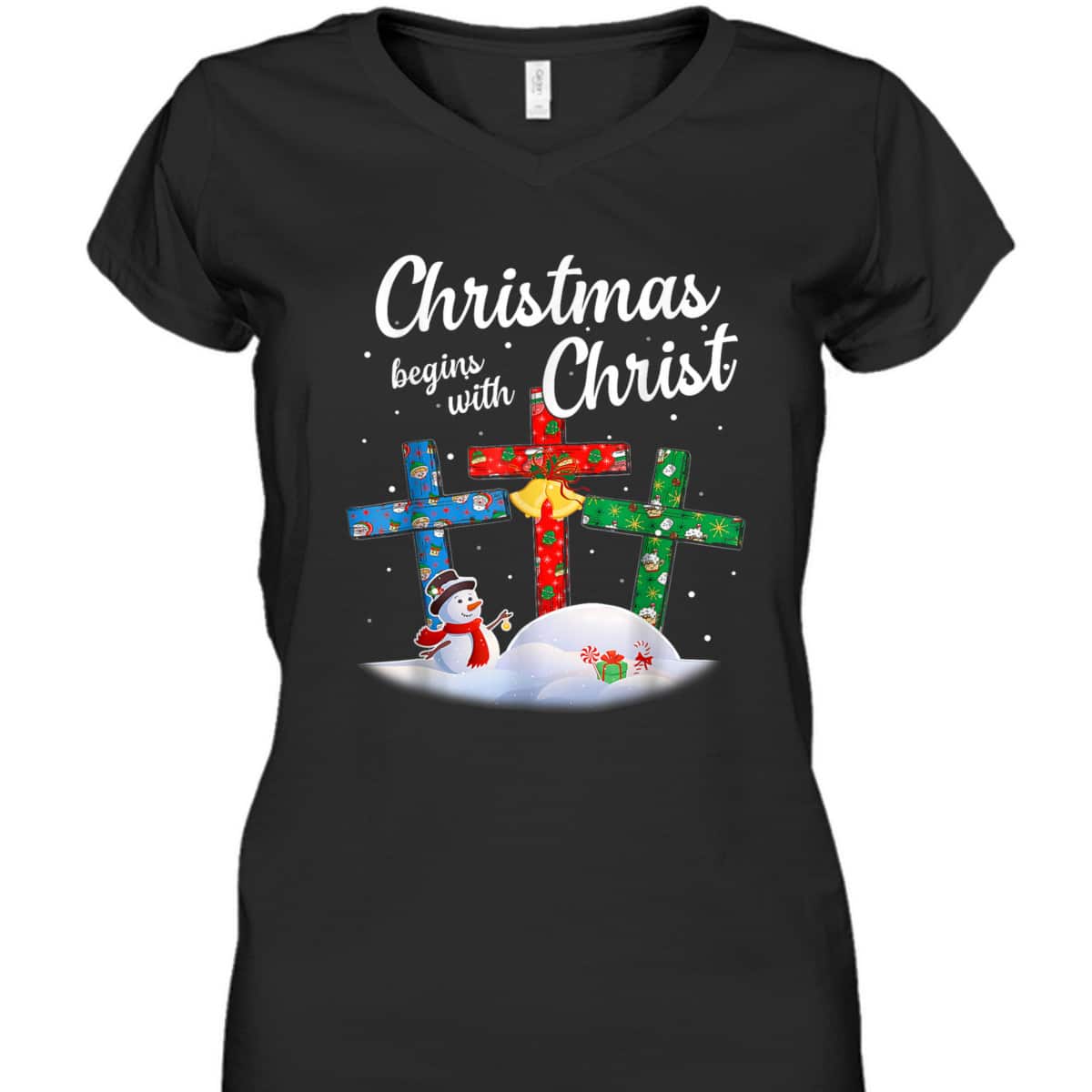 Christmas Begins With Christ Snowman Christian Cross Religious Xmas T-Shirt