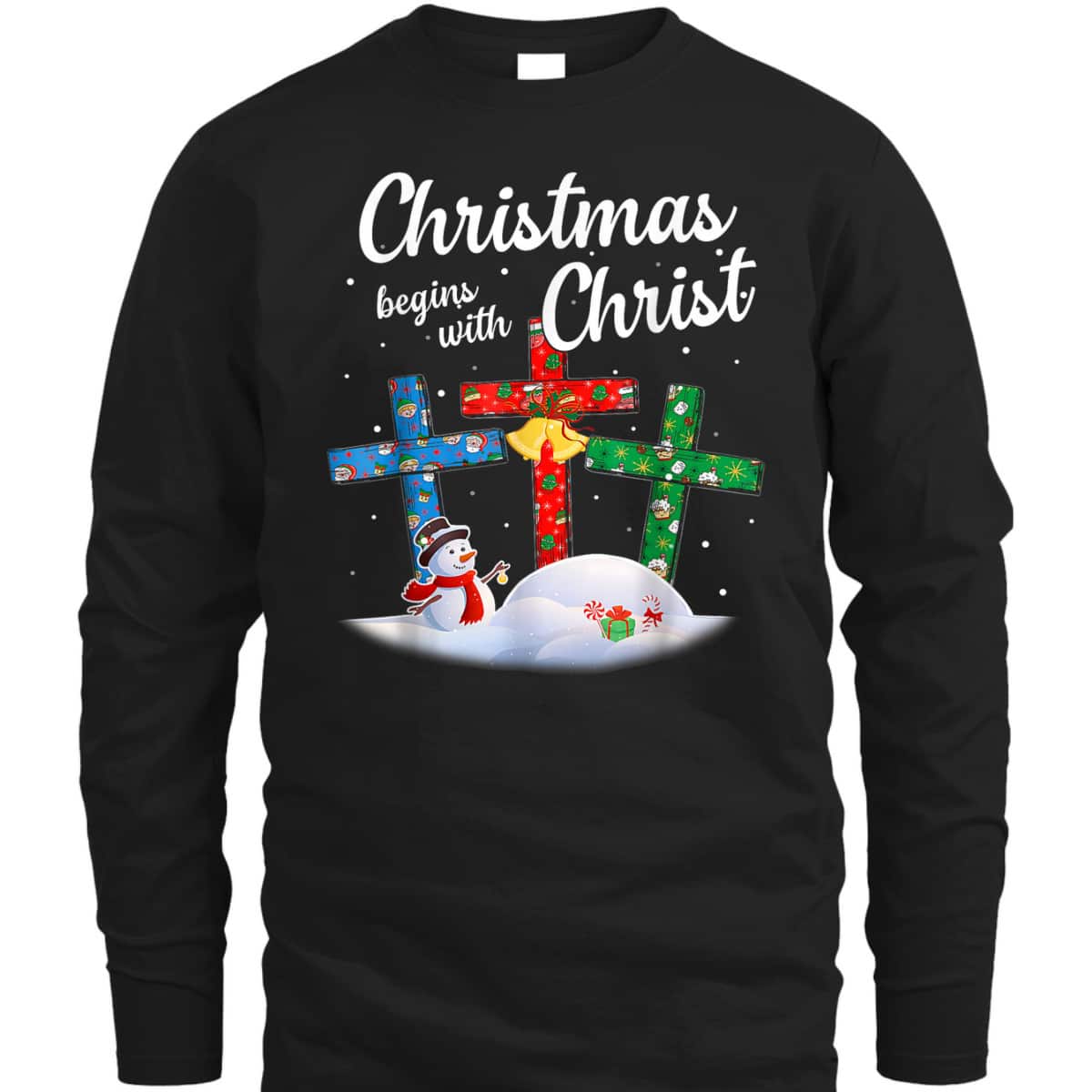 Christmas Begins With Christ Snowman Christian Cross Religious Xmas T-Shirt
