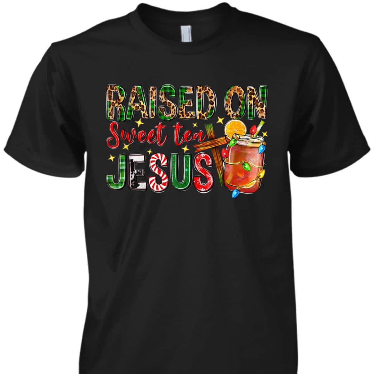Raised On Sweet Tea Jesus Christian Xmas Lights Pajamas T-Shirt