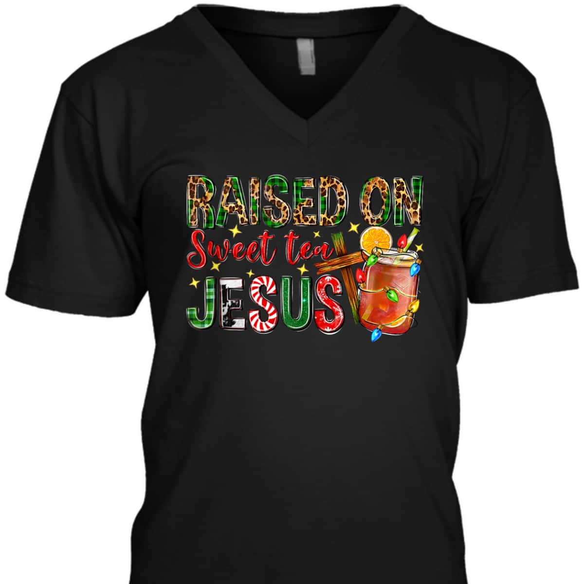 Raised On Sweet Tea Jesus Christian Xmas Lights Pajamas T-Shirt