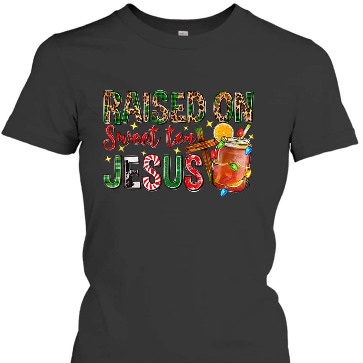 Raised On Sweet Tea Jesus Christian Xmas Lights Pajamas T-Shirt