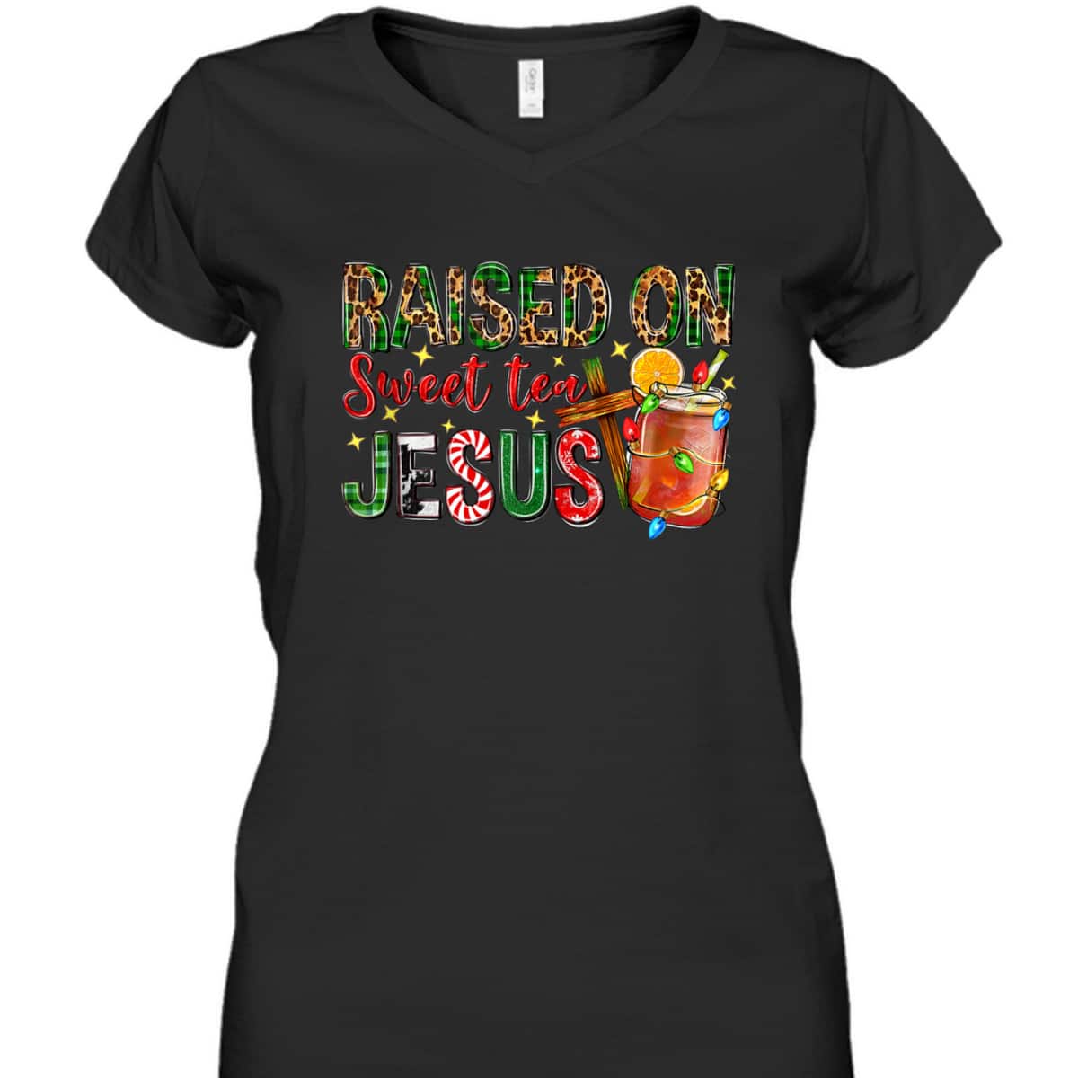 Raised On Sweet Tea Jesus Christian Xmas Lights Pajamas T-Shirt