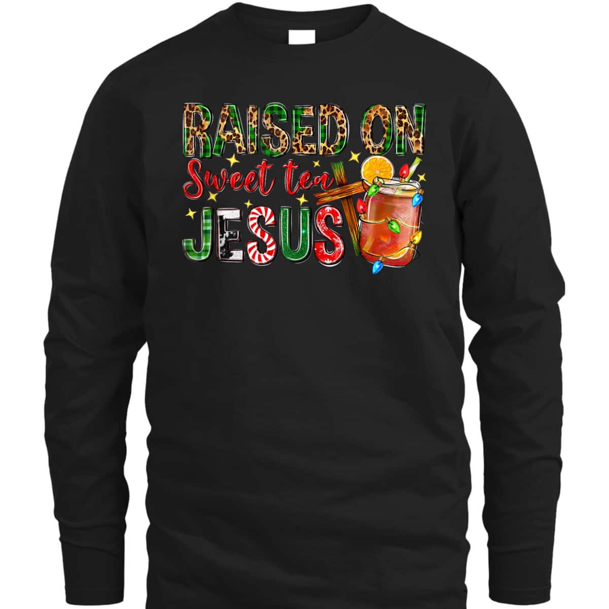 Raised On Sweet Tea Jesus Christian Xmas Lights Pajamas T-Shirt