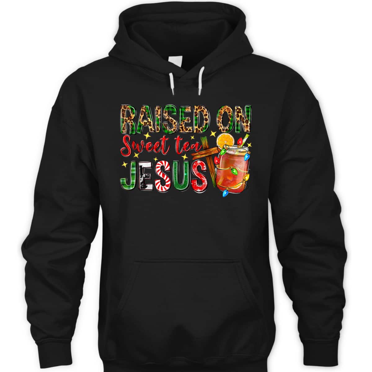 Raised On Sweet Tea Jesus Christian Xmas Lights Pajamas T-Shirt