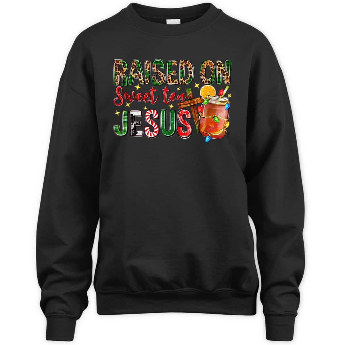 Raised On Sweet Tea Jesus Christian Xmas Lights Pajamas T-Shirt Raised On Sweet Tea Jesus Christian Xmas Lights Pajamas T-Shirt