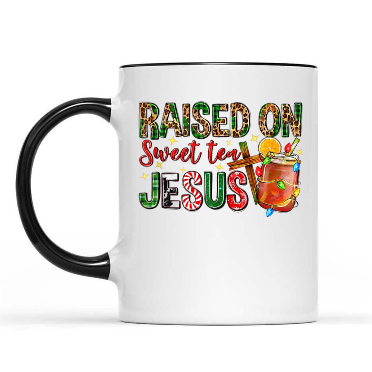 Raised On Sweet Tea Jesus Christian Xmas Lights Pajamas T-Shirt