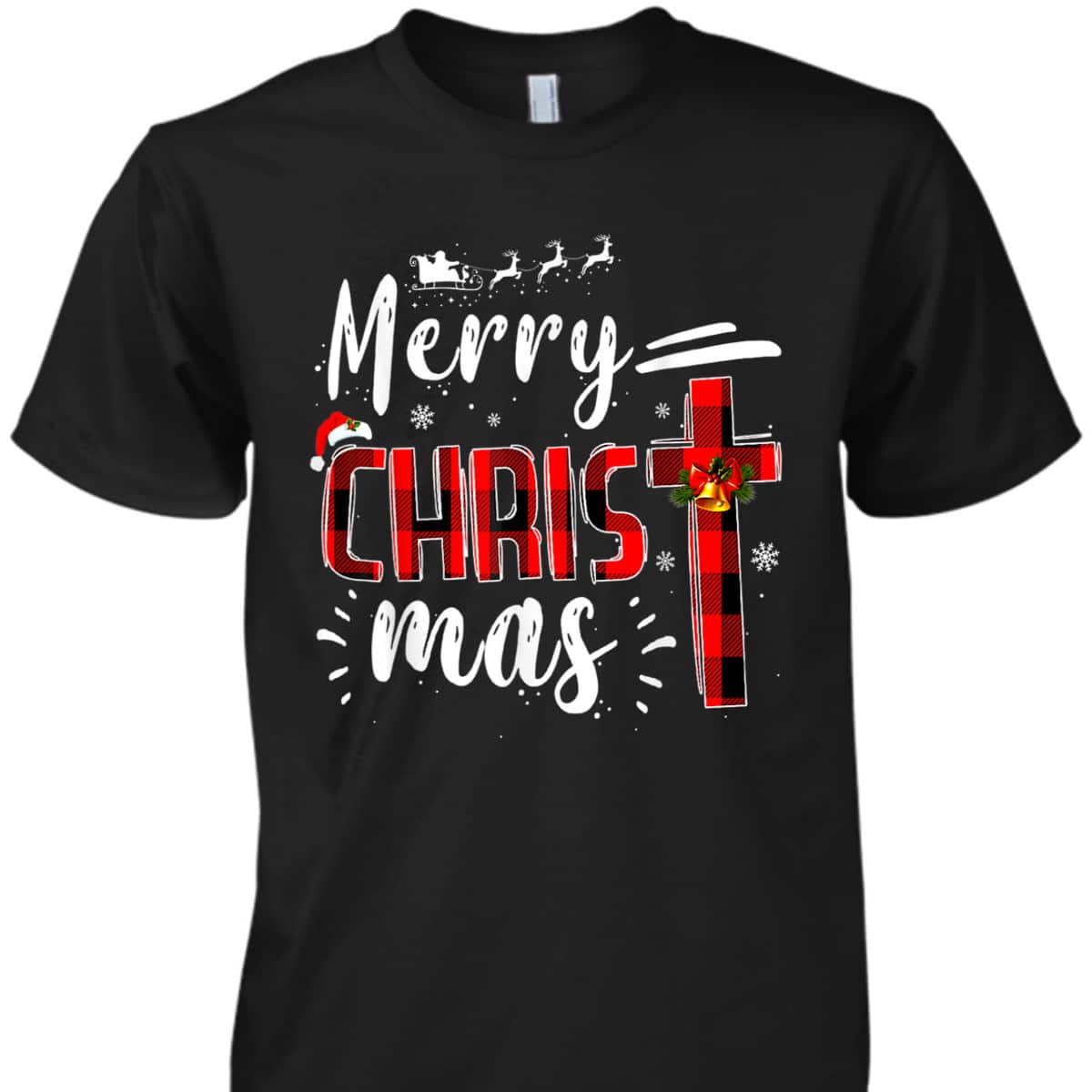 Merry Christmas Xmas Cross Red Plaid Christian Santa Claus T-Shirt