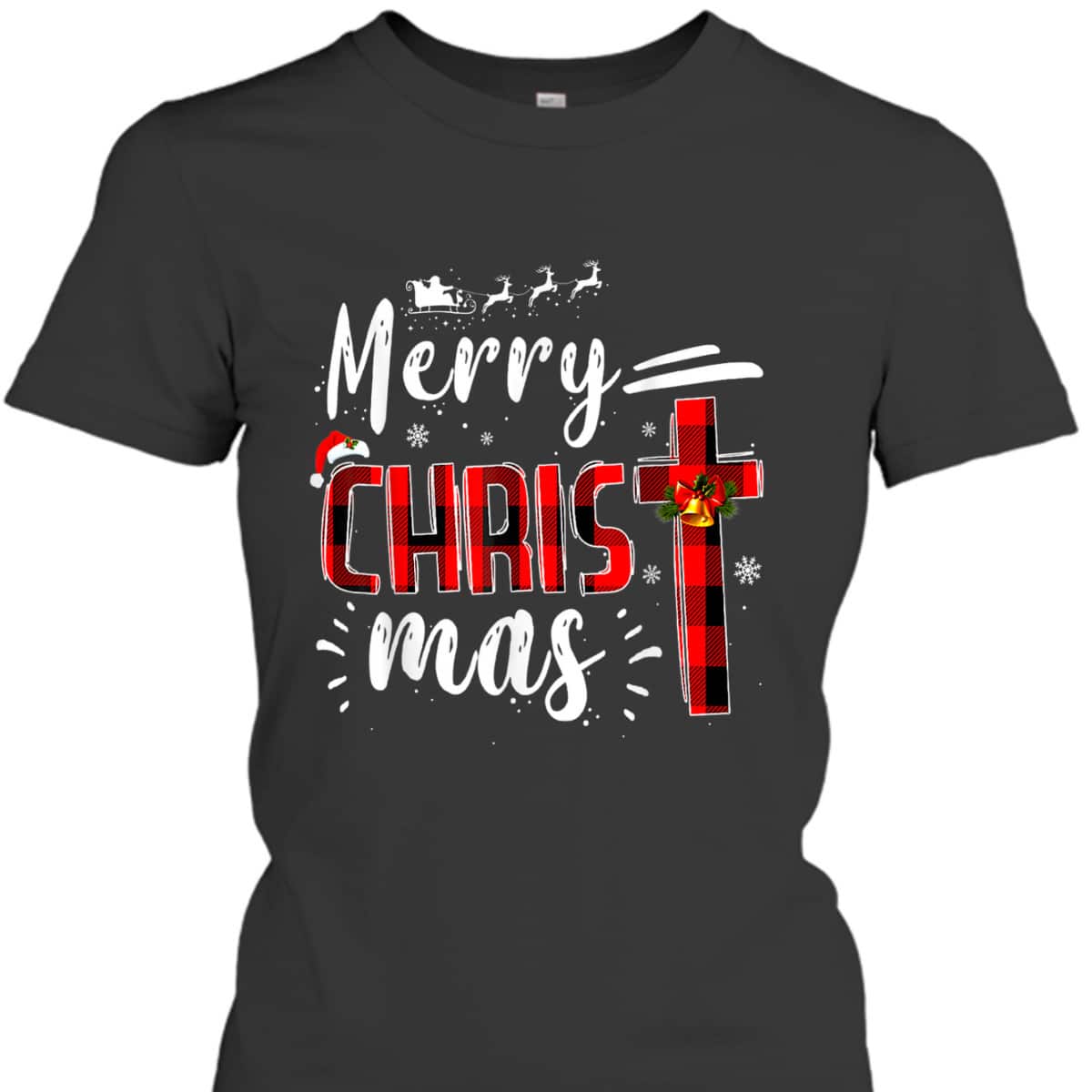 Merry Christmas Xmas Cross Red Plaid Christian Santa Claus T-Shirt
