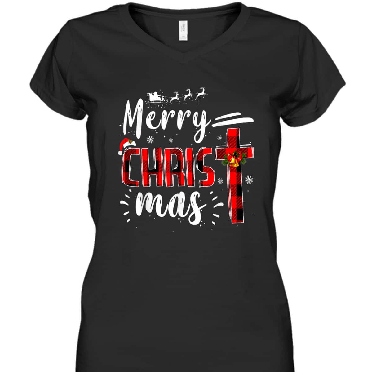 Merry Christmas Xmas Cross Red Plaid Christian Santa Claus T-Shirt