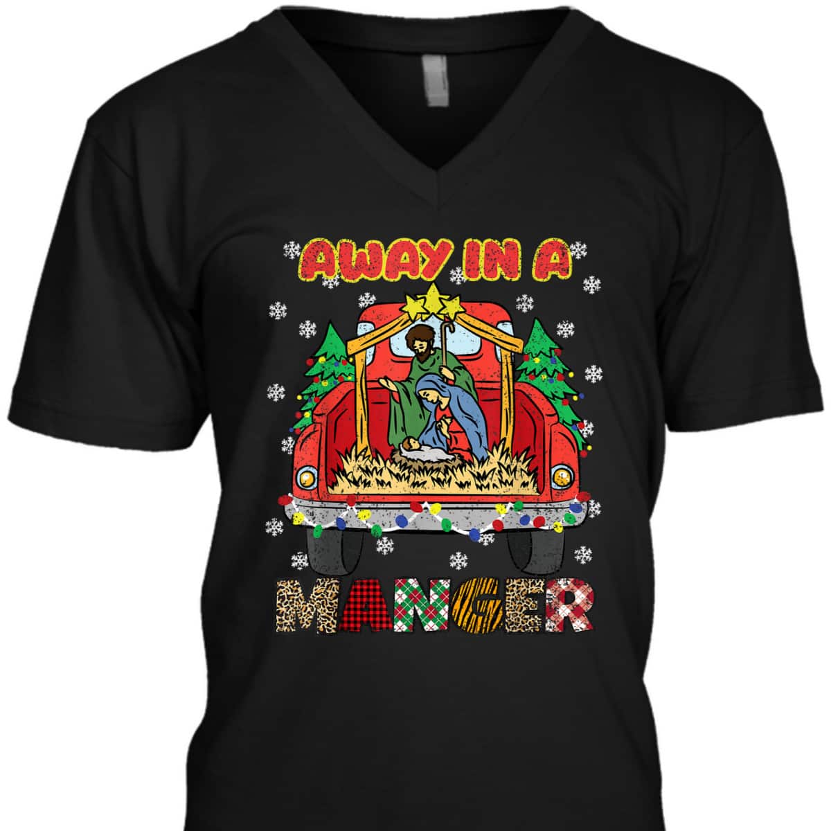 Away In Manger Christmas Tree X-Mas Plaid Christian T-Shirt