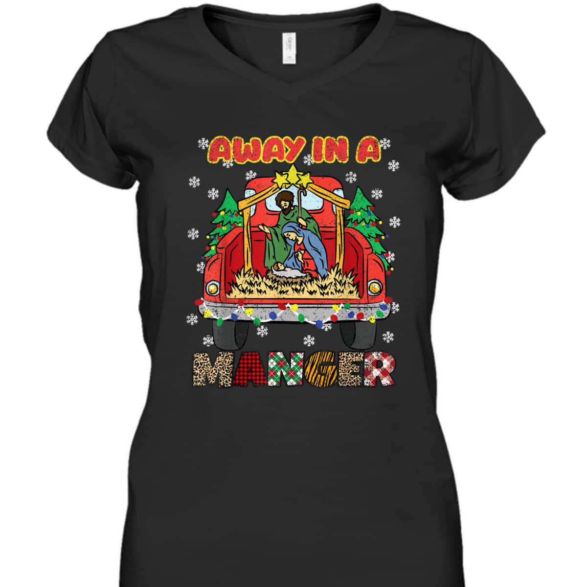 Away In Manger Christmas Tree X-Mas Plaid Christian T-Shirt