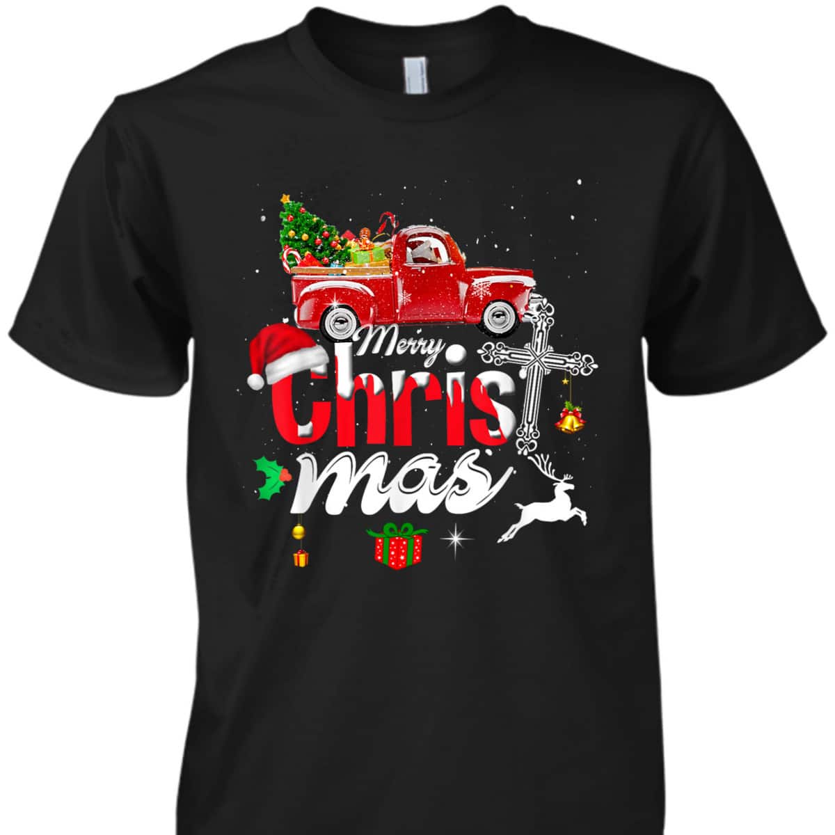 Christian Cross Christmas Tree On Car Xmas Red Truck T-Shirt