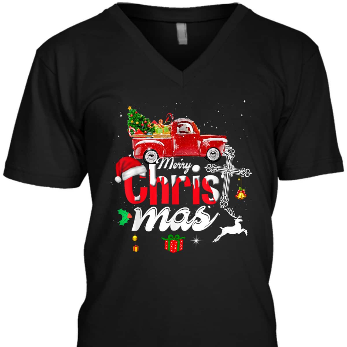 Christian Cross Christmas Tree On Car Xmas Red Truck T-Shirt