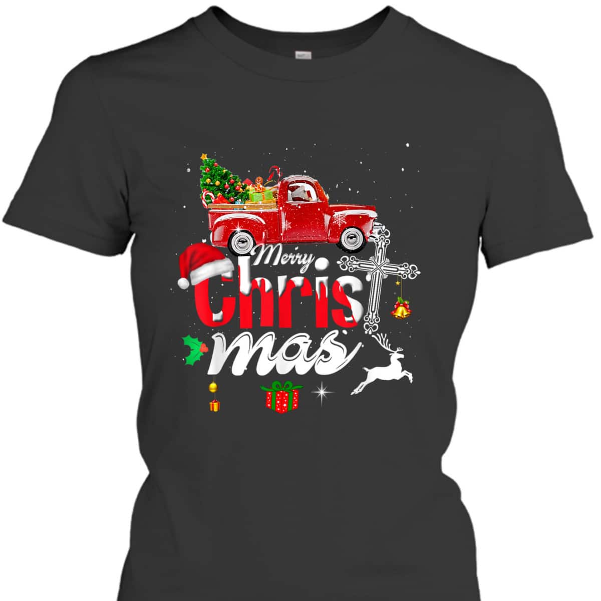 Christian Cross Christmas Tree On Car Xmas Red Truck T-Shirt