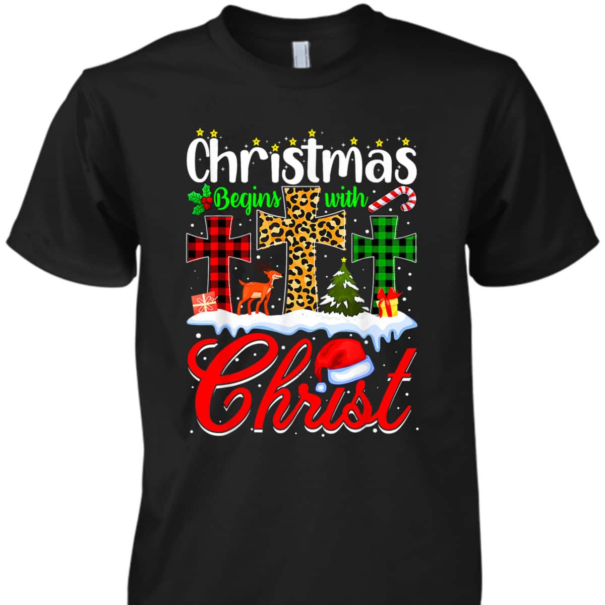 Christmas Begins With Christ Christian Cross Funny Xmas T-Shirt