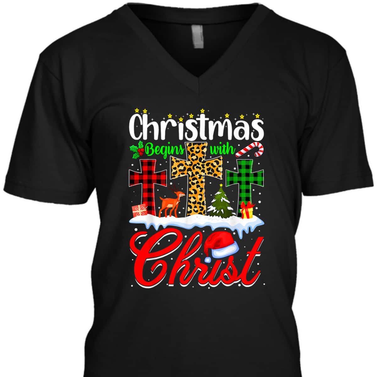 Christmas Begins With Christ Christian Cross Funny Xmas T-Shirt