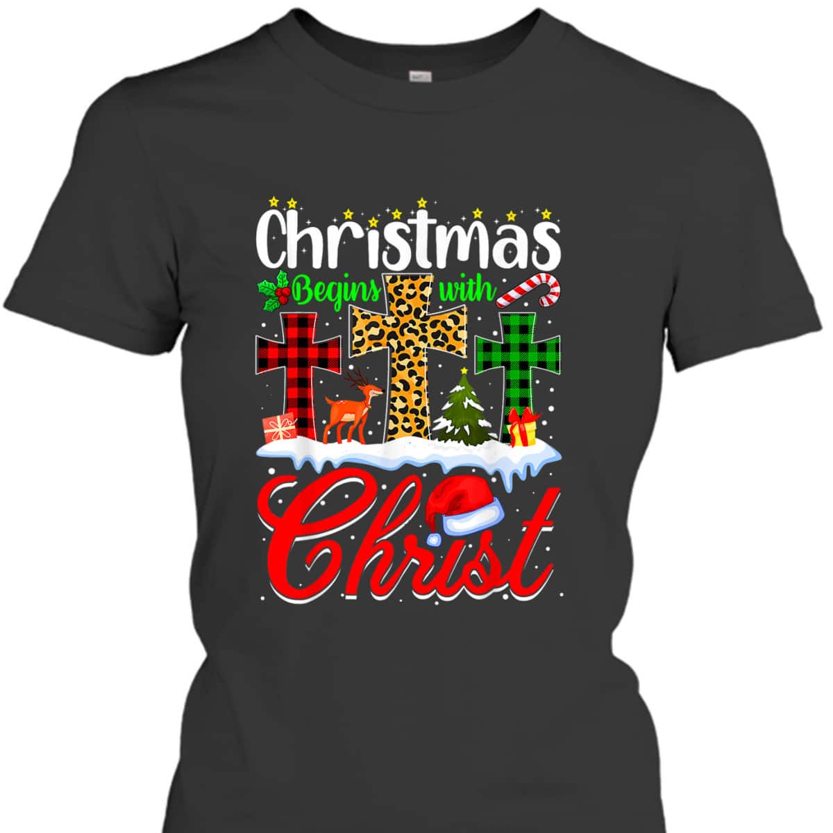 Christmas Begins With Christ Christian Cross Funny Xmas T-Shirt