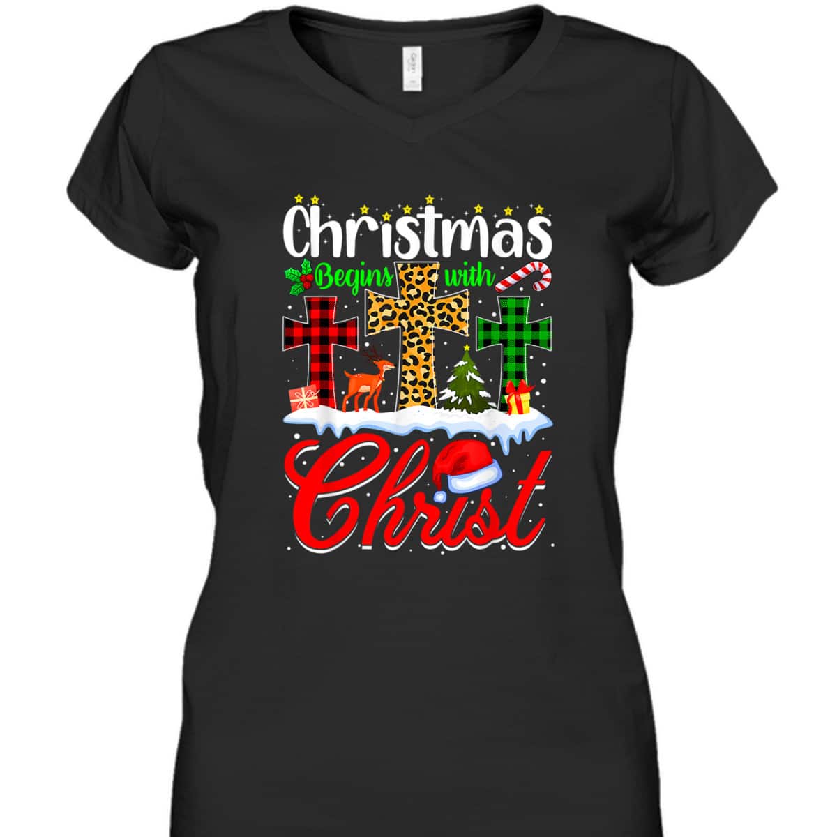 Christmas Begins With Christ Christian Cross Funny Xmas T-Shirt