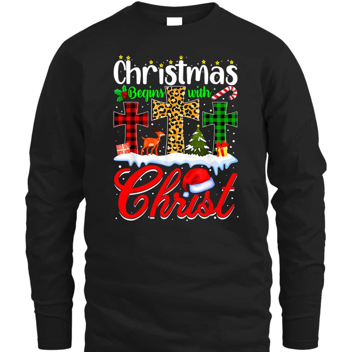 Christmas Begins With Christ Christian Cross Funny Xmas T-Shirt