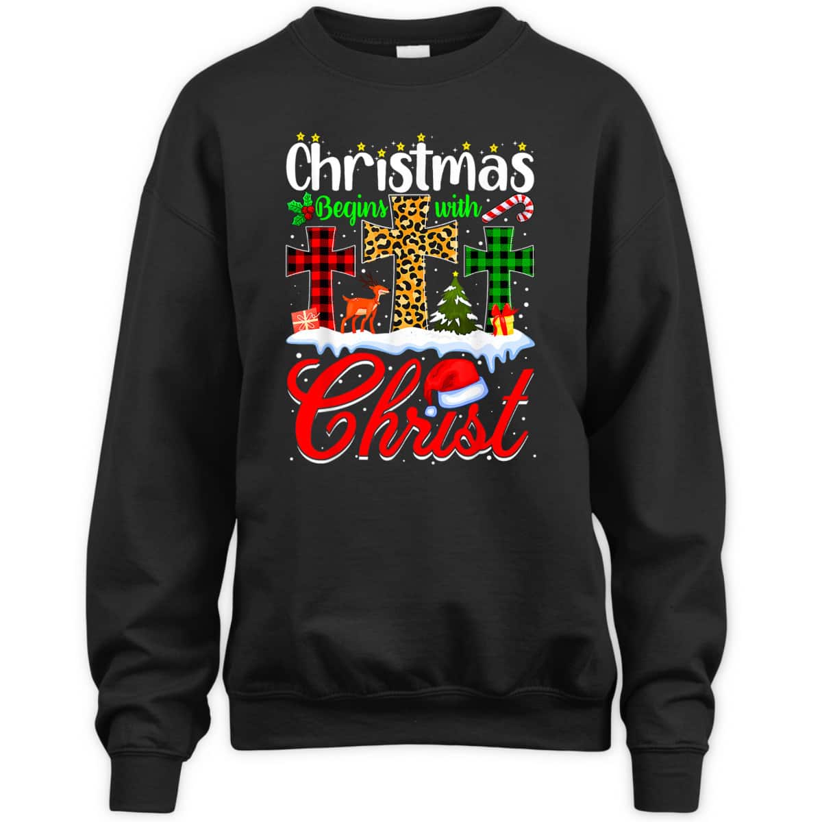 Christmas Begins With Christ Christian Cross Funny Xmas T-Shirt