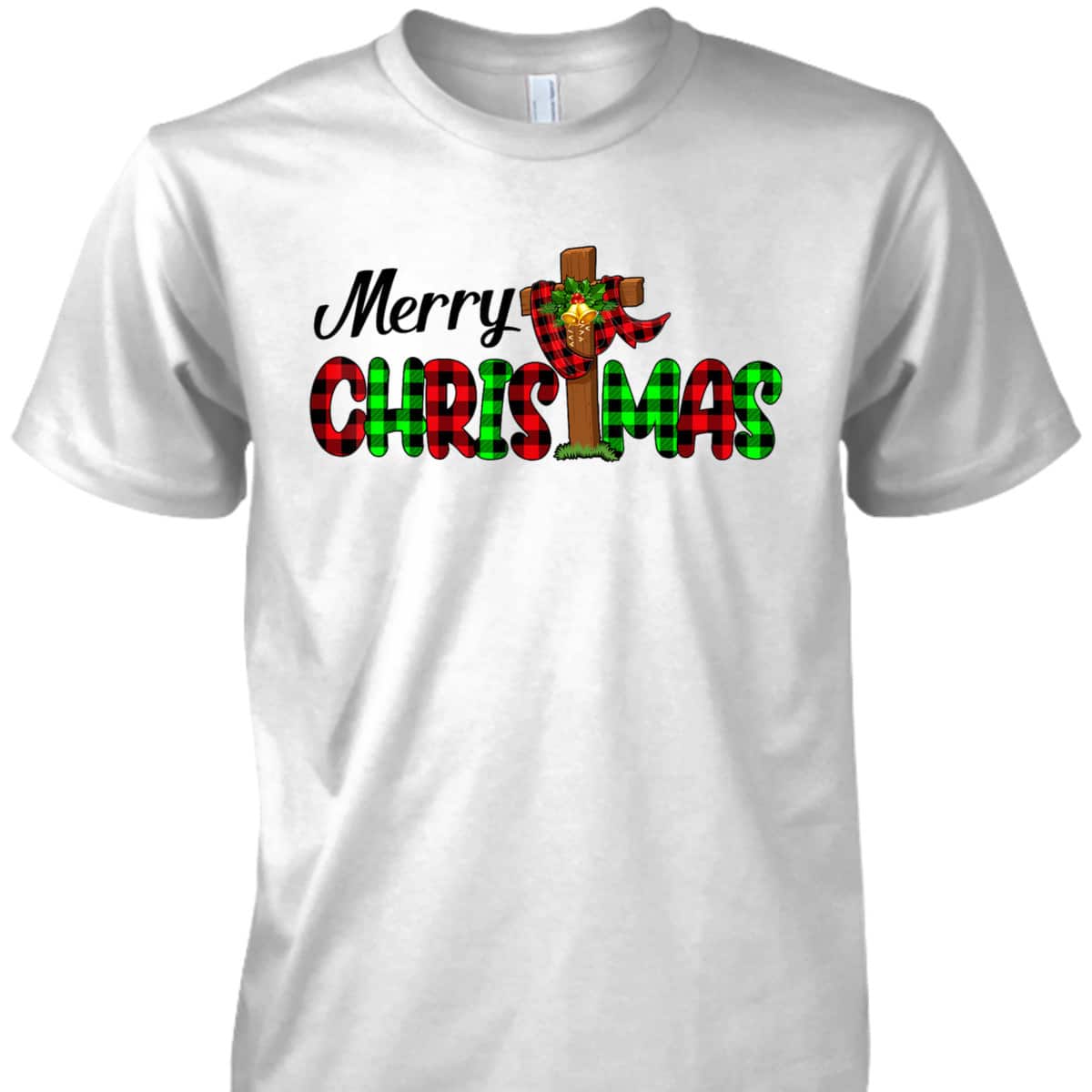 Merry Christmas Cross Christian Plaid Buffalo Xmas Pajama T-Shirt