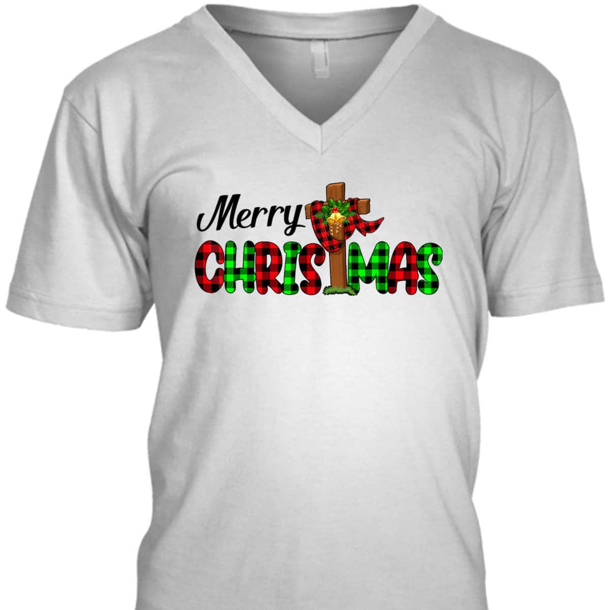 Merry Christmas Cross Christian Plaid Buffalo Xmas Pajama T-Shirt