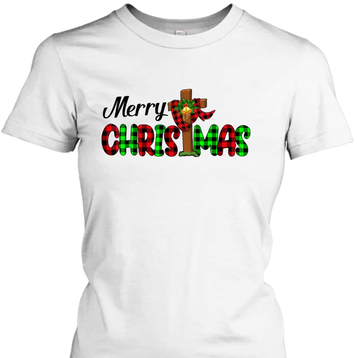 Merry Christmas Cross Christian Plaid Buffalo Xmas Pajama T-Shirt