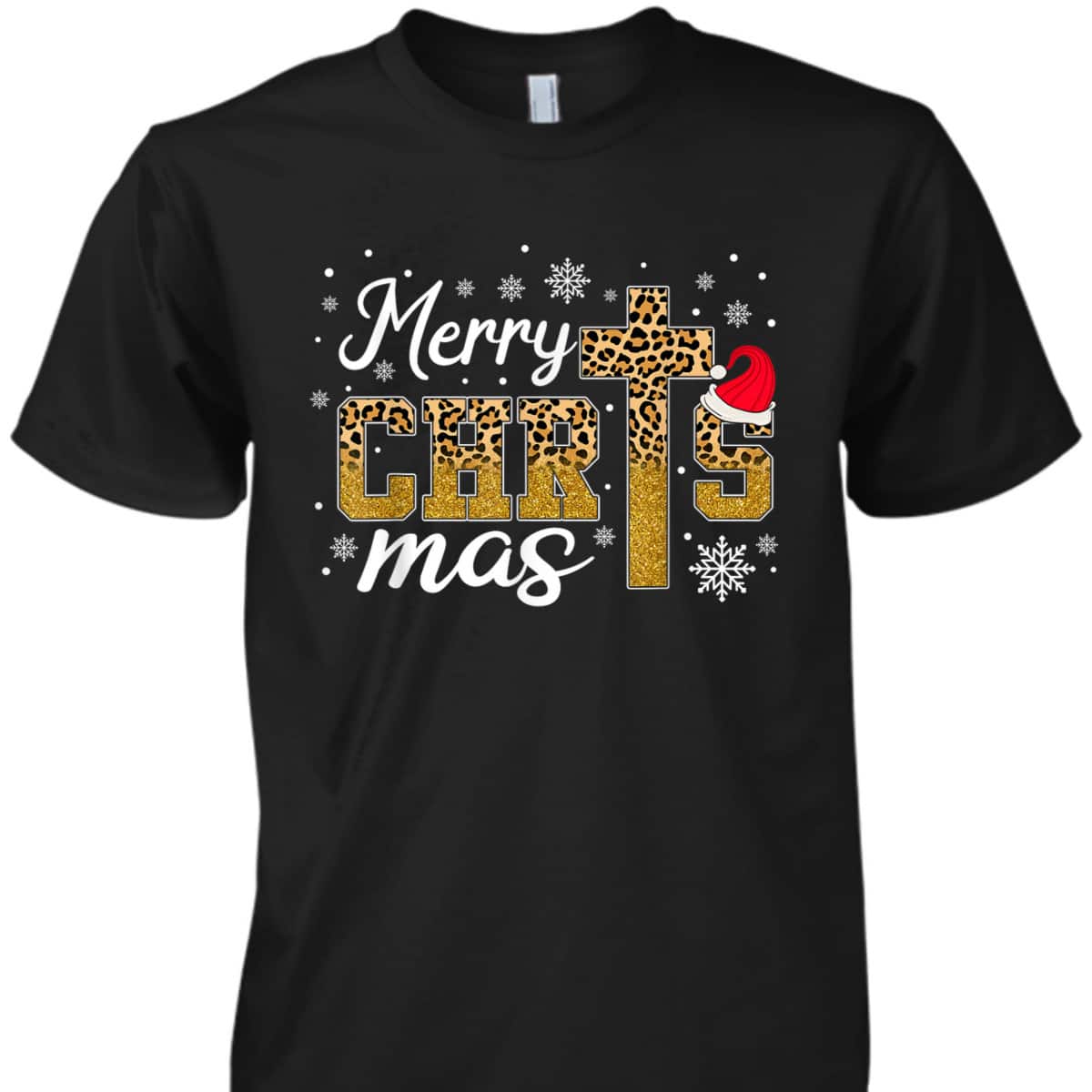 Merry Christmas Leopard Cross Christian Family Xmas Pajama T-Shirt