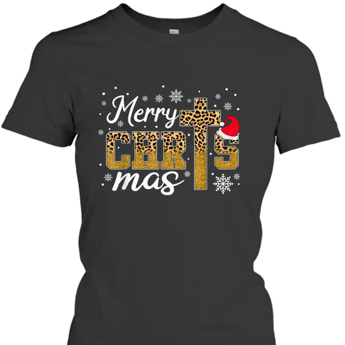 Merry Christmas Leopard Cross Christian Family Xmas Pajama T-Shirt