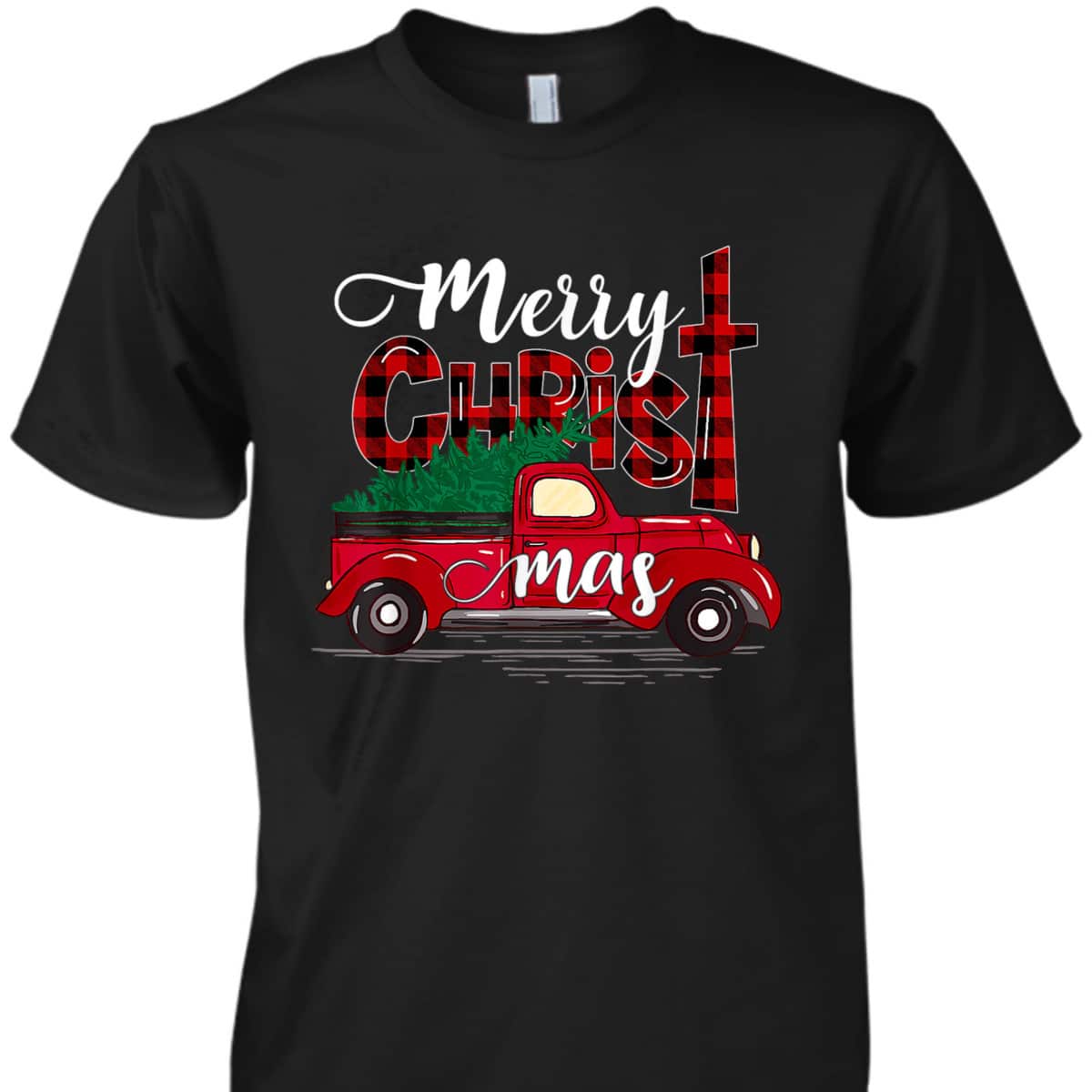 Merry Christmas Buffalo Plaid Red Truck Christian Cross Xmas T-Shirt