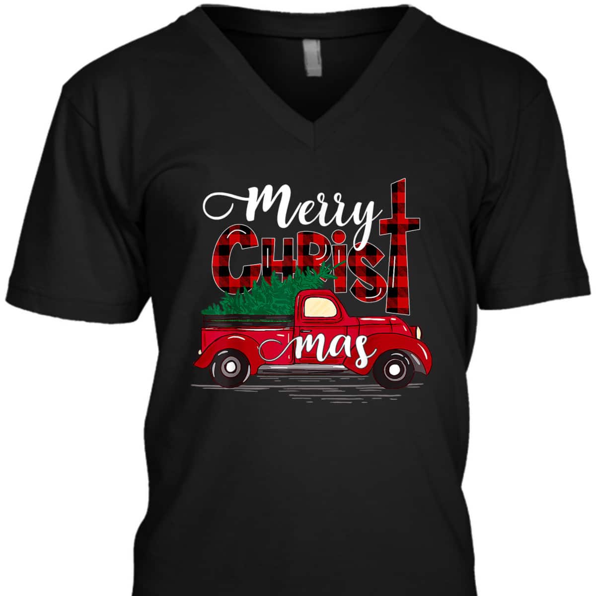 Merry Christmas Buffalo Plaid Red Truck Christian Cross Xmas T-Shirt