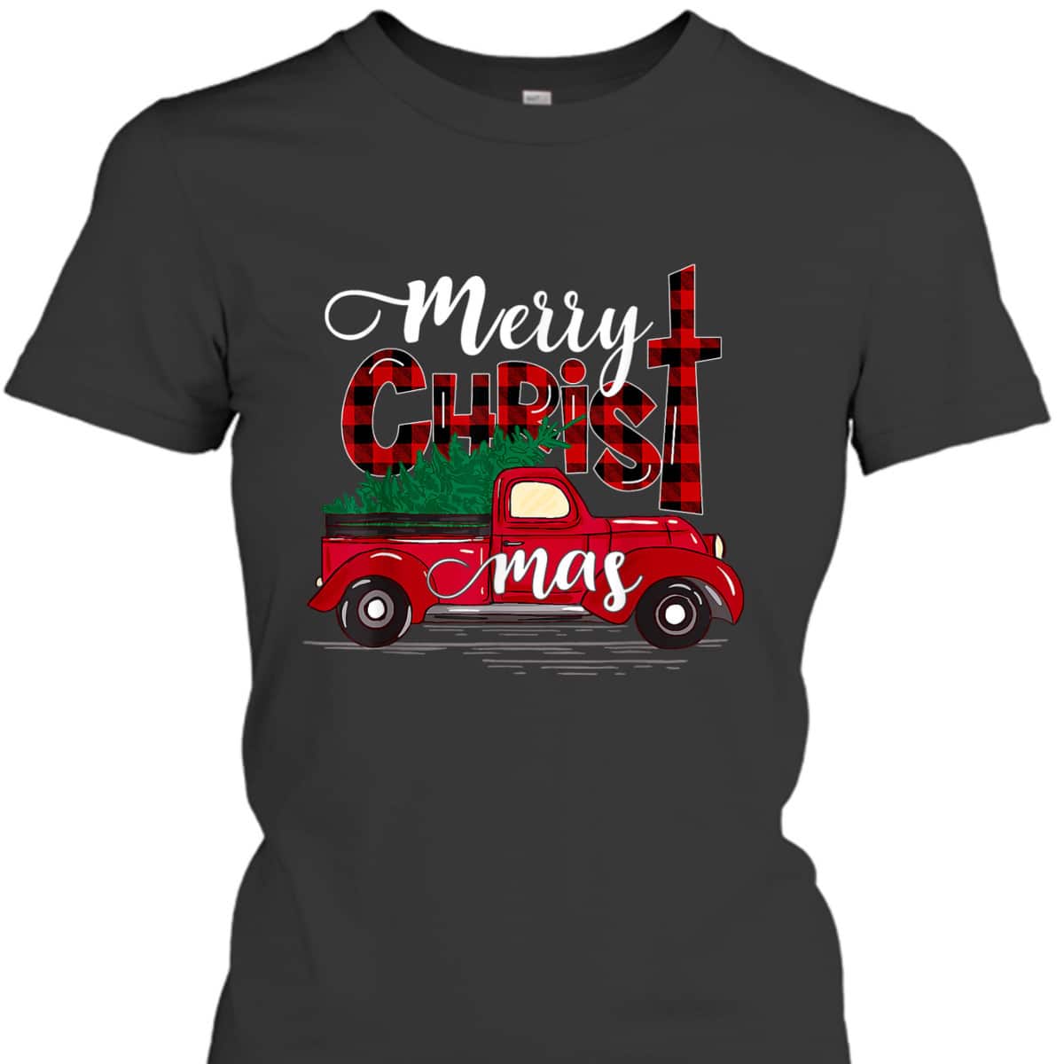 Merry Christmas Buffalo Plaid Red Truck Christian Cross Xmas T-Shirt