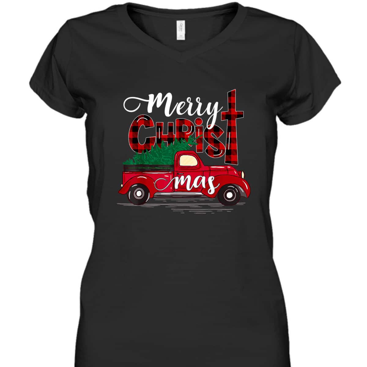 Merry Christmas Buffalo Plaid Red Truck Christian Cross Xmas T-Shirt