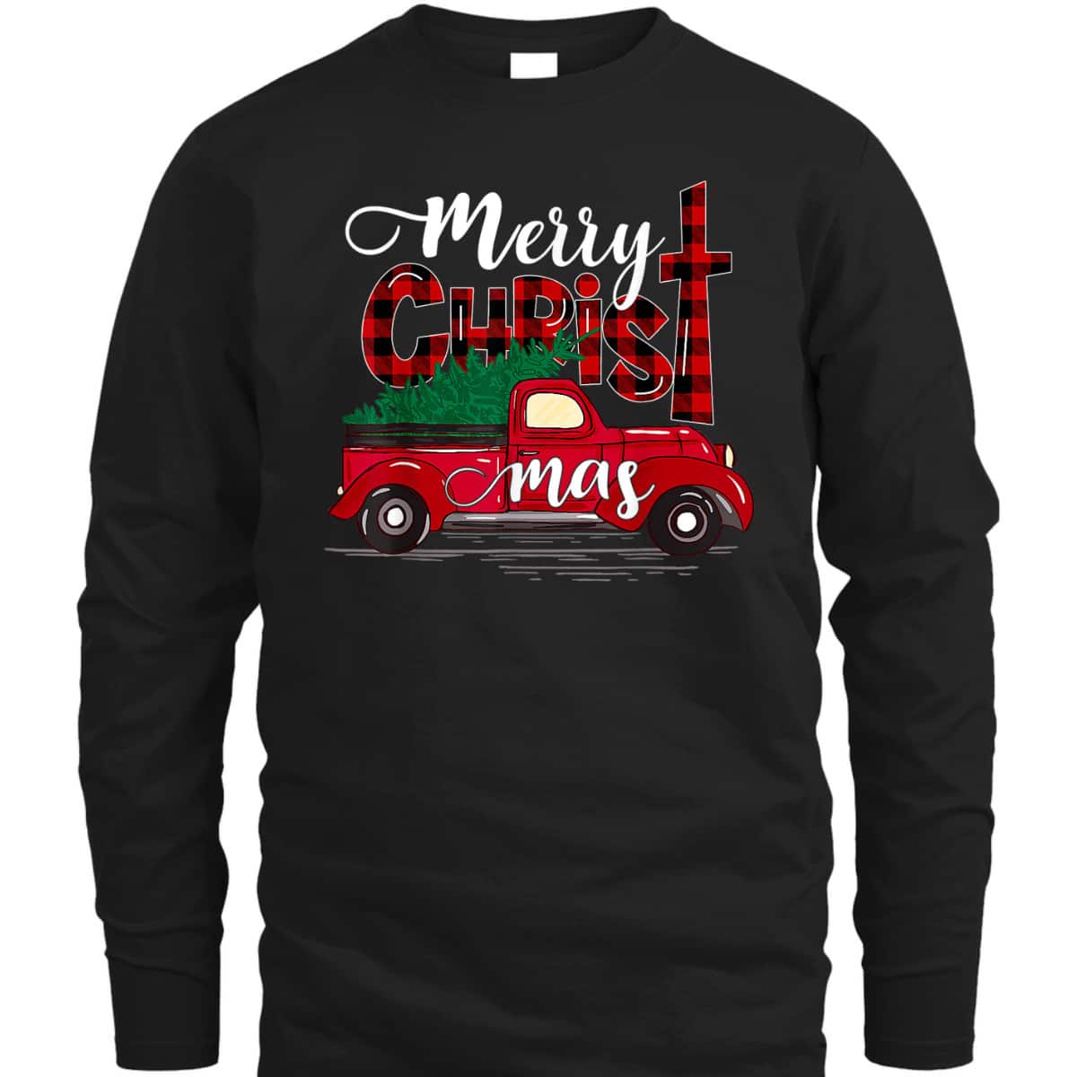 Merry Christmas Buffalo Plaid Red Truck Christian Cross Xmas T-Shirt