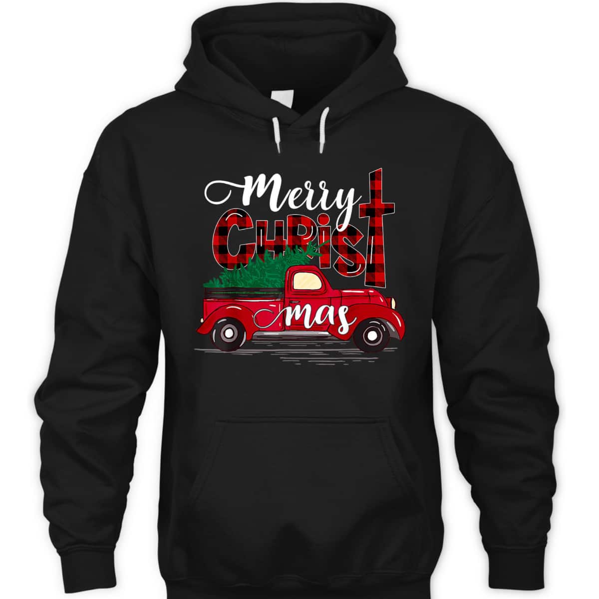Merry Christmas Buffalo Plaid Red Truck Christian Cross Xmas T-Shirt