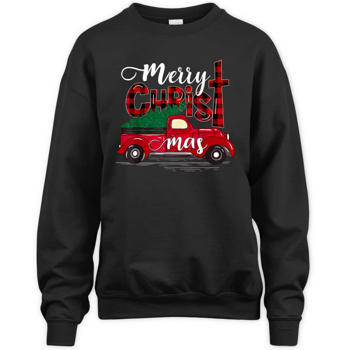 Merry Christmas Buffalo Plaid Red Truck Christian Cross Xmas T-Shirt