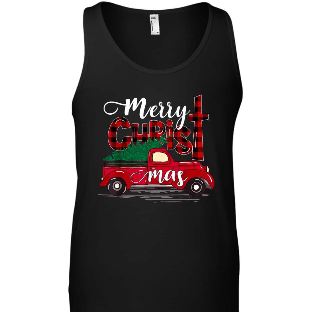 Merry Christmas Buffalo Plaid Red Truck Christian Cross Xmas T-Shirt