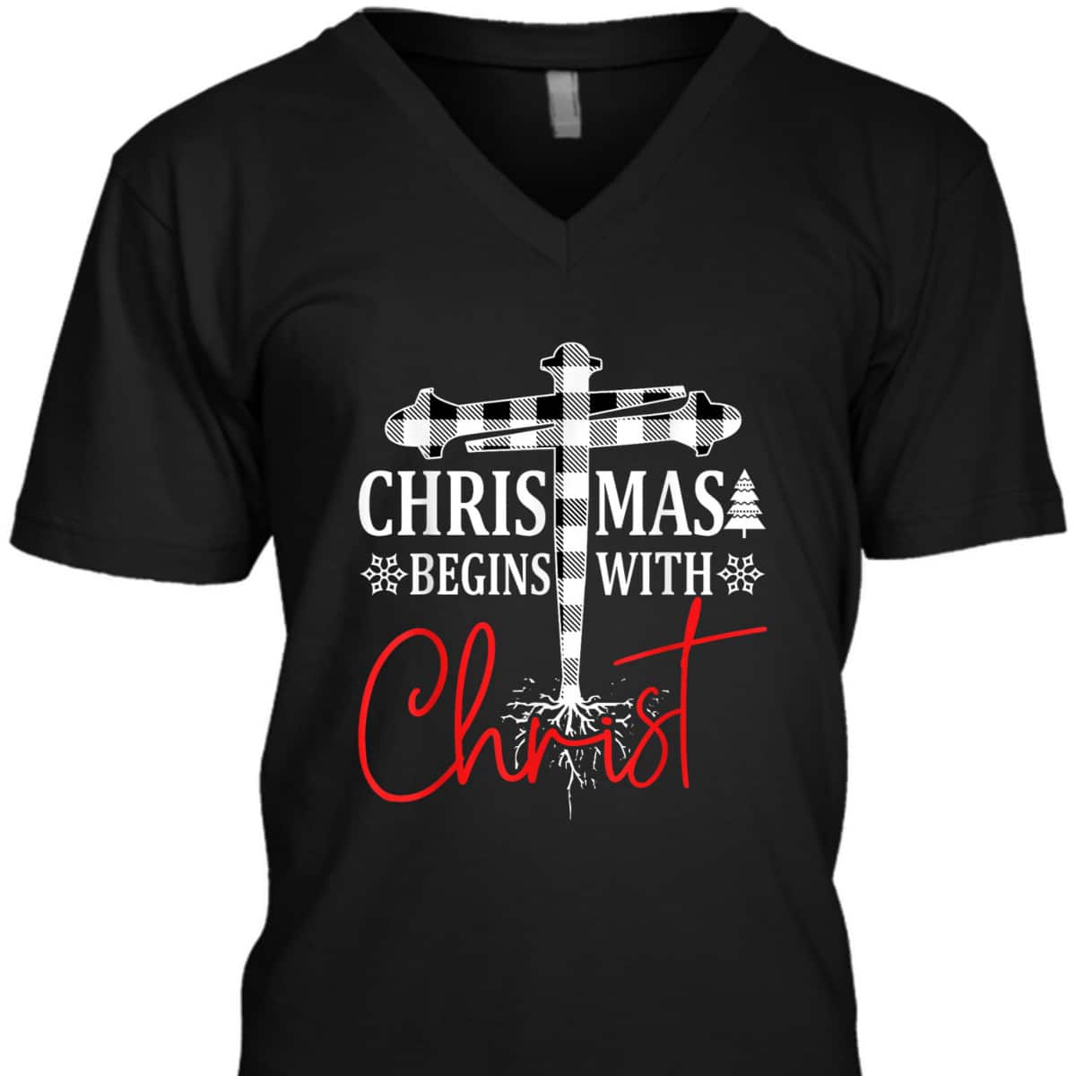 Christmas Begins With Christ Plaid White Tree Xmas Christian T-Shirt