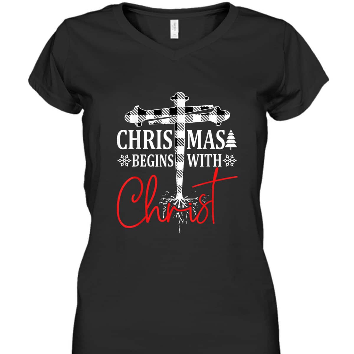 Christmas Begins With Christ Plaid White Tree Xmas Christian T-Shirt