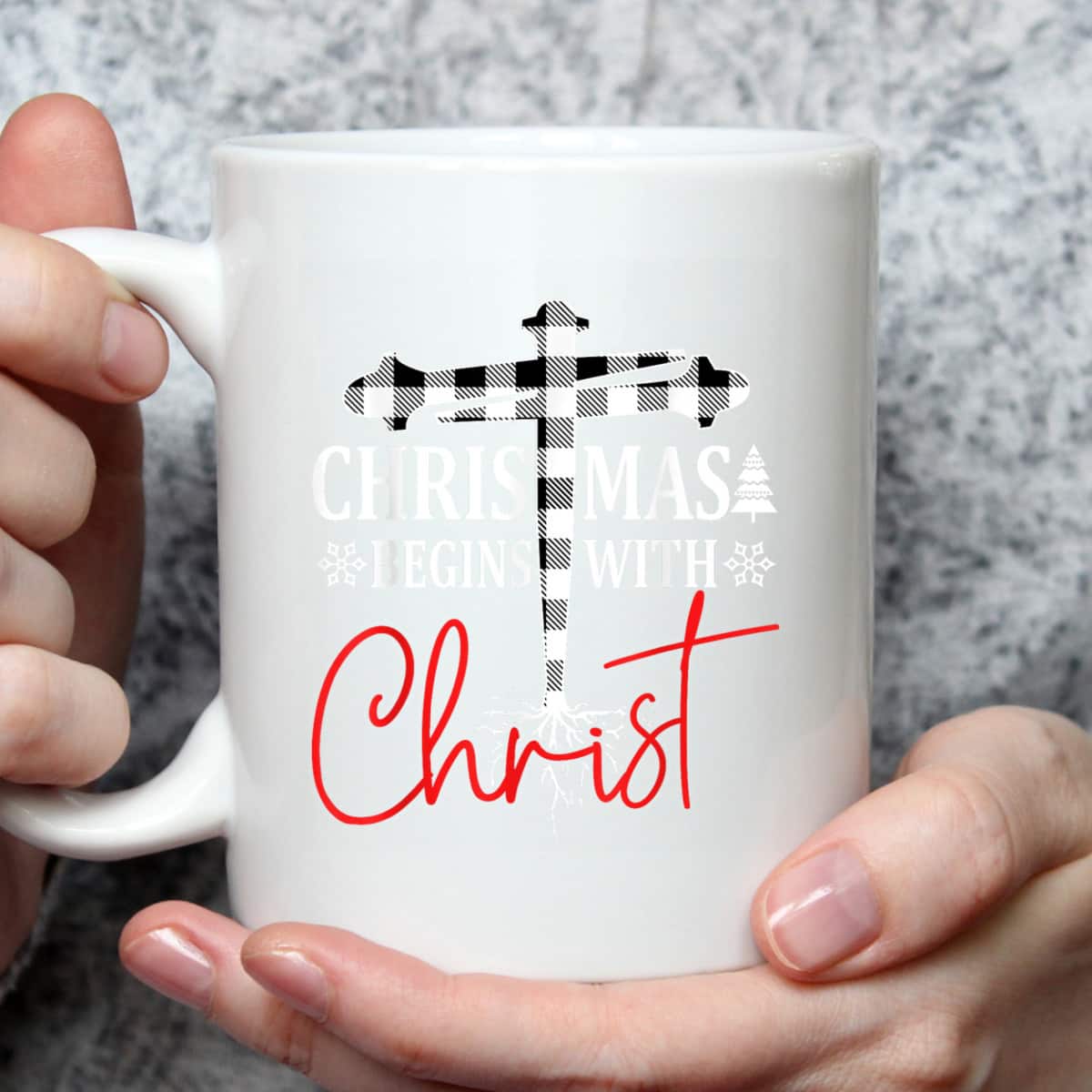 Christmas Begins With Christ Plaid White Tree Xmas Christian T-Shirt
