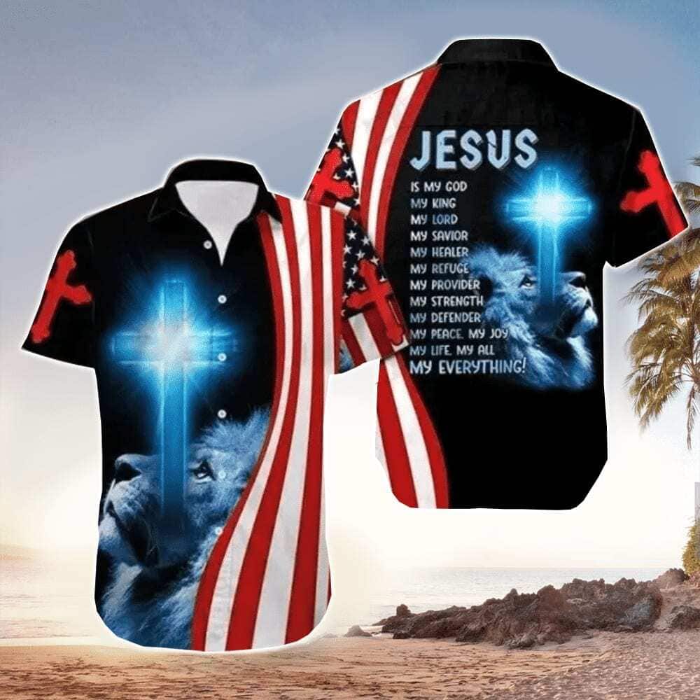 Jesus Is My Everything Jesus With Lion And Christian Cross Christian US Flag Hawaiian Shirt Jesus Is My Everything Jesus With Lion And Christian Cross Christian US Flag Hawaiian Shirt