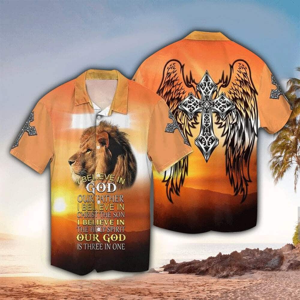 Christian Jesus And Lion Christian Cross Wings I Believe In God Our Father Hawaiian Shirt
