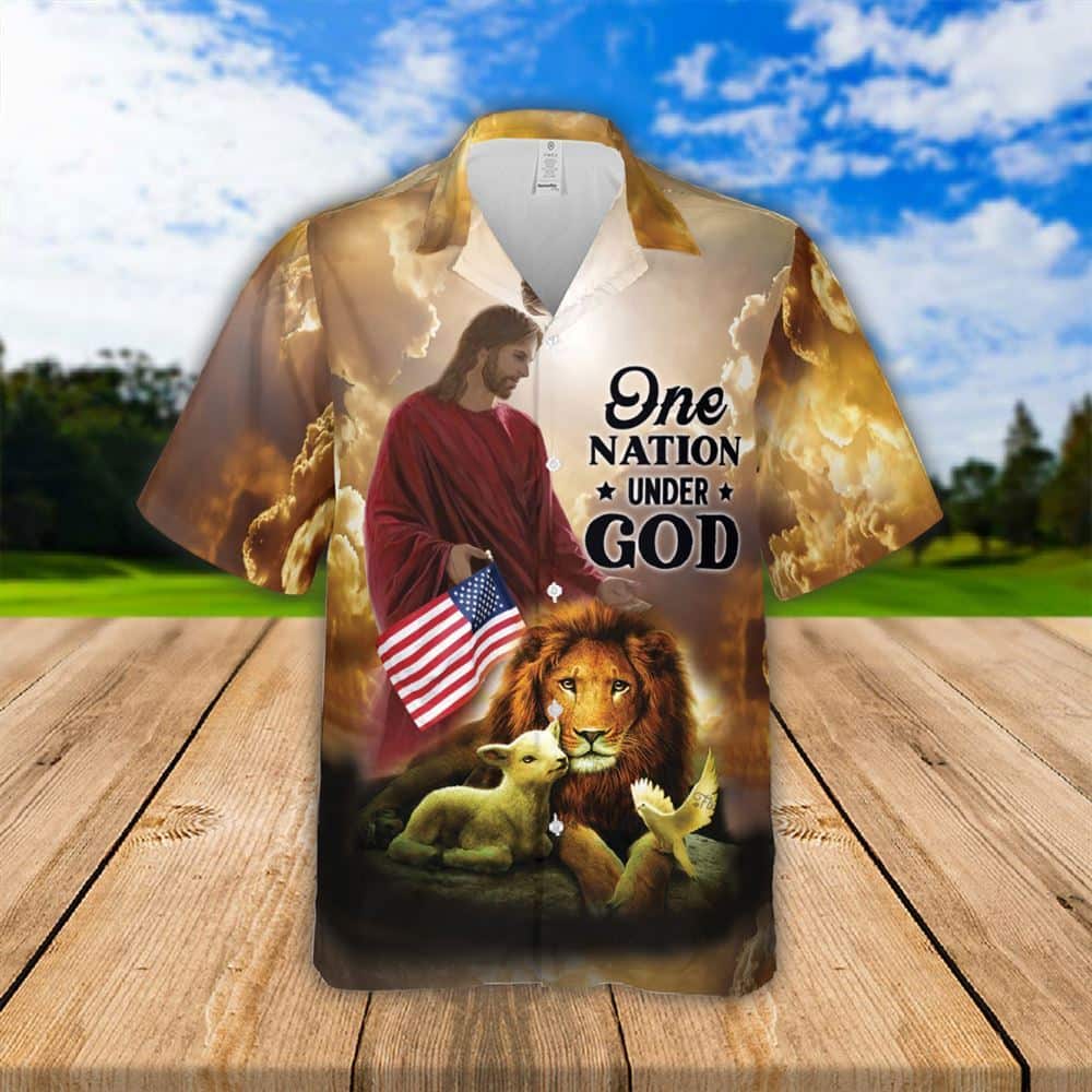 Jesus Lion Lamb One Nation Under God Religious Christian Independence Day Hawaiian Shirt