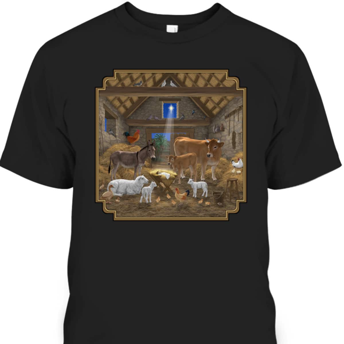 Jesus Manger Christmas Nativity Scene Barnyard Farm Animals T-Shirt Jesus Manger Christmas Nativity Scene Barnyard Farm Animals T-Shirt